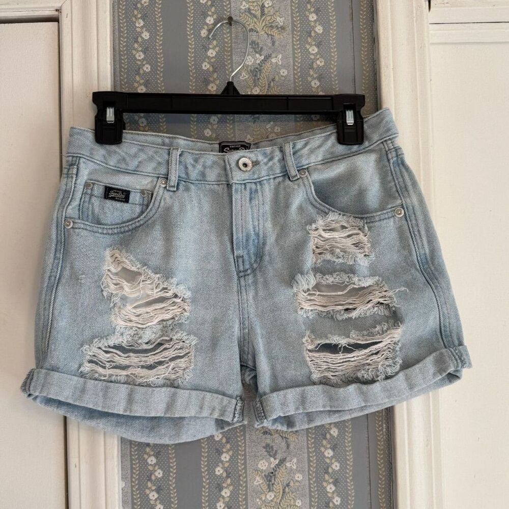Superdry Blue Denim Distressed Shorts Ladies W26